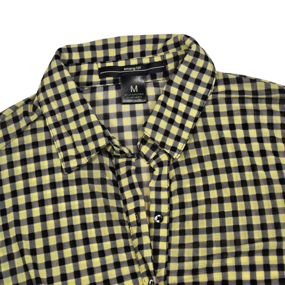 Black & yellow plaid gingham oversized ruched button up short sleeve shirt MD - Picture 4 of 6